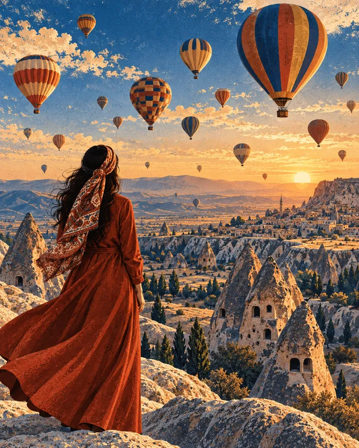 Illustrated Cappadocia balloons at sunrise