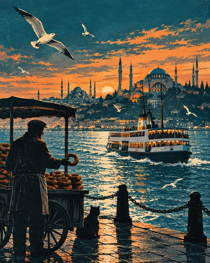 Illustrated Istanbul ferry, simit seller and old city at sunset