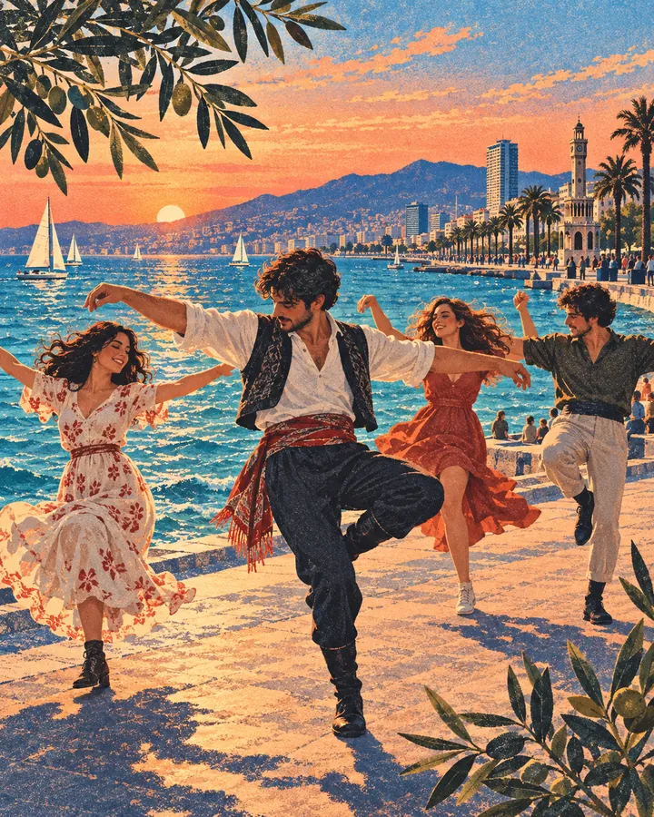 Illustrated friends dancing beside the Izmir coast