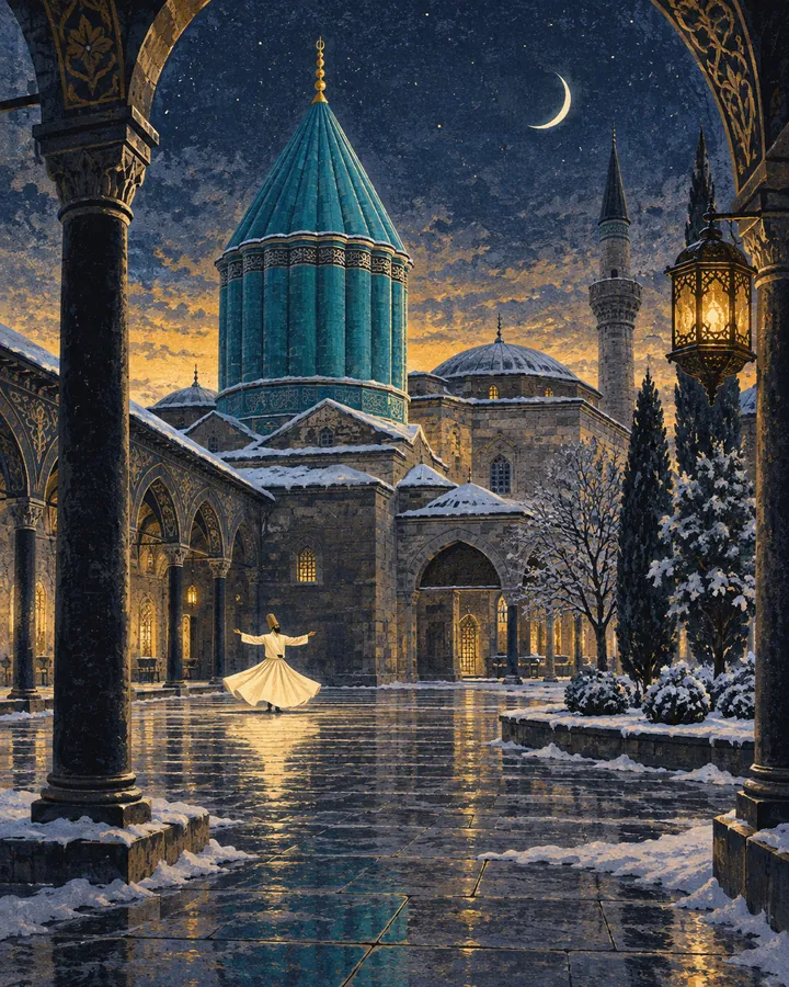 Illustrated Mevlana museum courtyard in winter