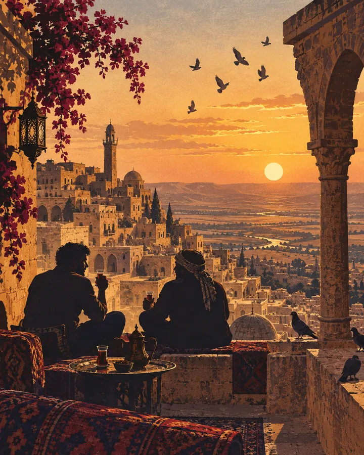 Illustrated friends drinking tea above Mardin