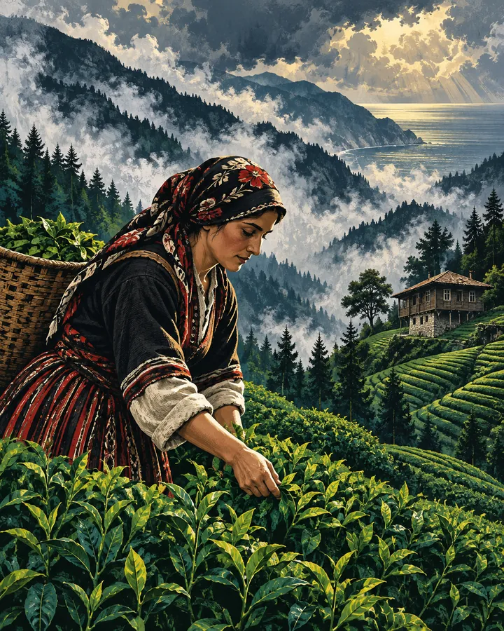 Illustrated tea picker among Rize terraces